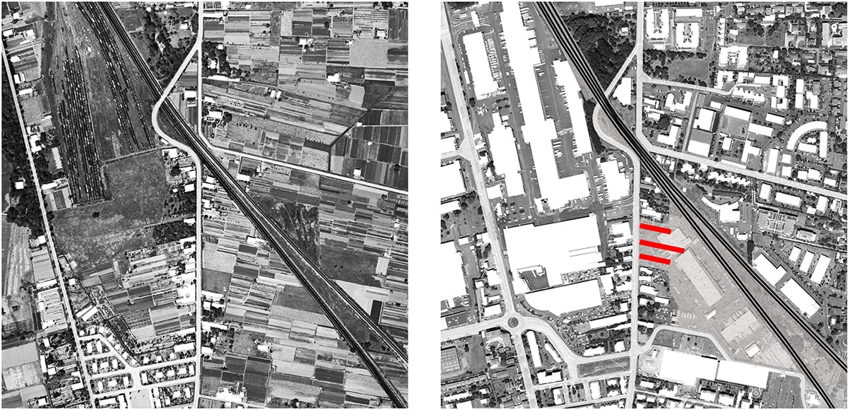 Parcelles maraîchères en 1950 / Site en 2016 + implantation